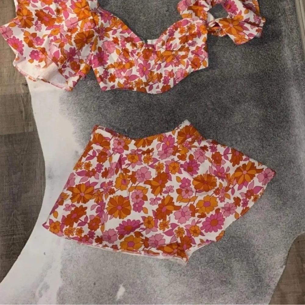 Floral Pink and Orange Crop Top and Skirt Set